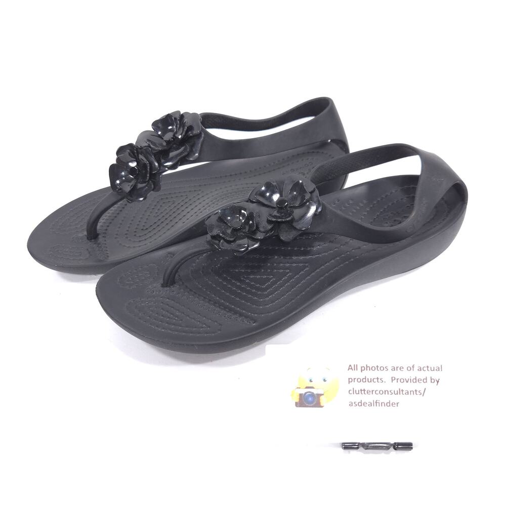 Crocs Flower Thong Casual Flip Flop Sandal Womens Size 6 Black